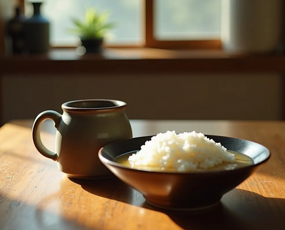 Breakfast table scene in a Japanese home with weighted ceramic mug beside miso soup and rice