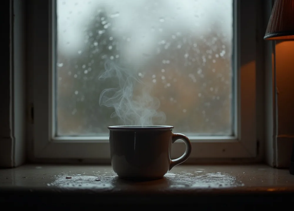 Steaming weighted ceramic mug on a rain-soaked windowsill with water drops on glass