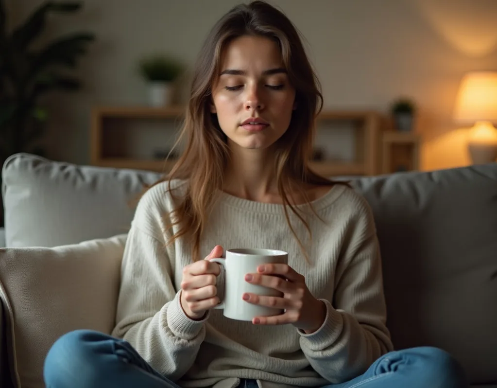 Young woman sitting cross-legged on a couch in a softly lit living room holding a large ceramic mug