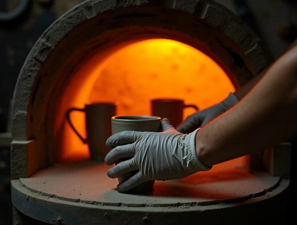 Ceramic kiln opening scene with craftsperson removing finished weighted mugs from a glowing kiln