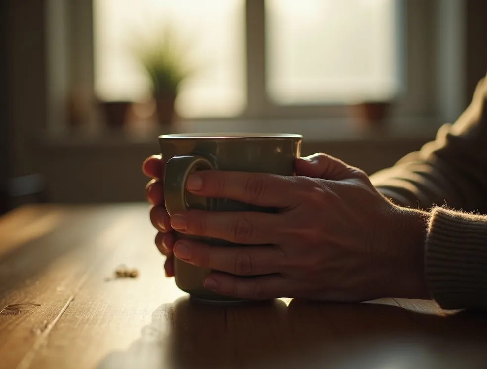 Close-up of hands gently wrapped around a heavy matte ceramic mug on a wooden surface