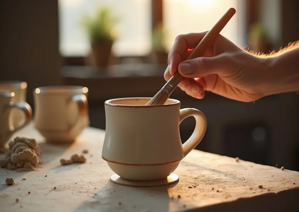 Detail shot of artisan hand applying matte glaze to a ceramic mug using a wide brush in workshop