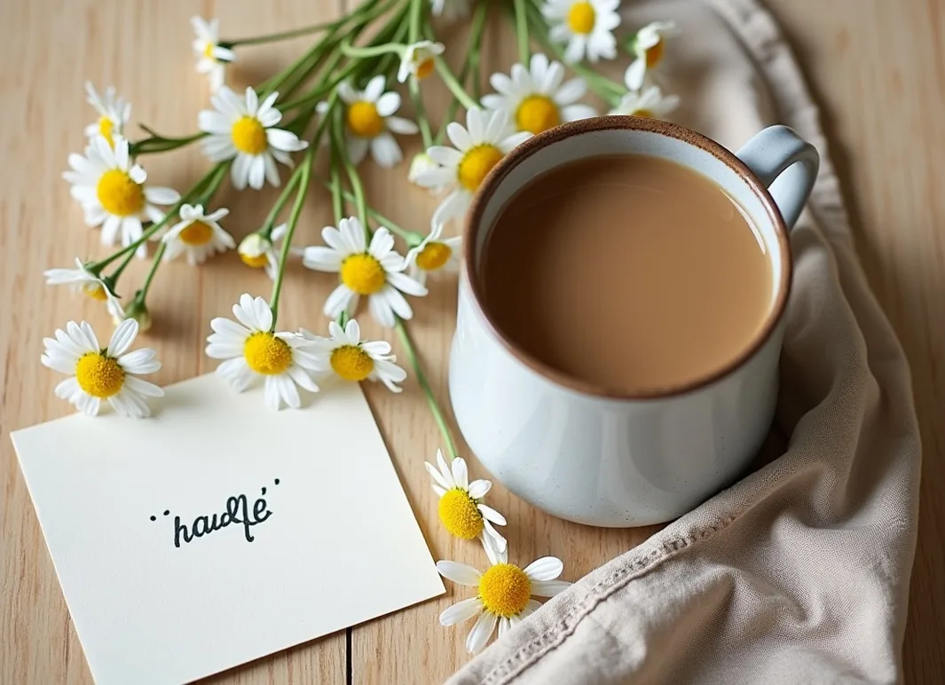 Flat lay of a weighted ceramic mug surrounded by chamomile flowers and a folded handwritten note