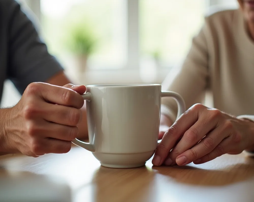 Hands carefully lifting a wide-base weighted ceramic mug from a table