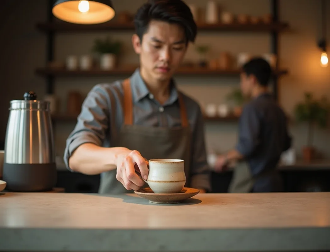 Interior of calm Japanese minimalist cafe with barista setting a weighted ceramic mug on counter