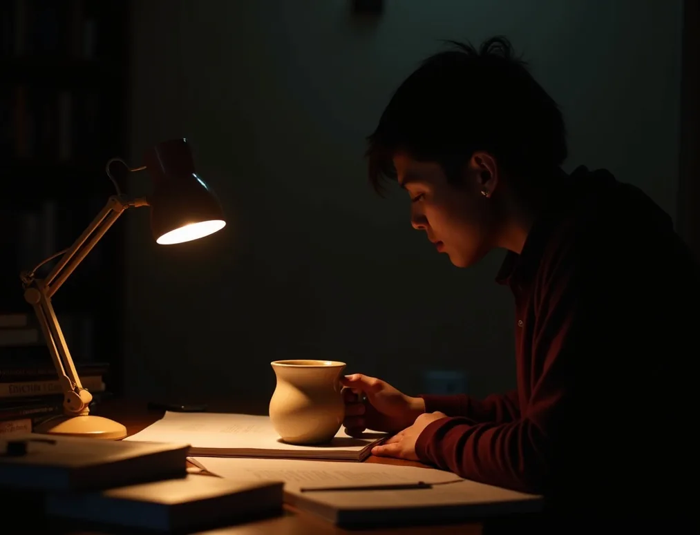 Night scene of person sitting alone at a lit desk holding a large ceramic weighted mug