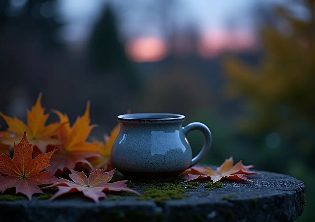 Outdoor garden scene at dusk with weighted ceramic mug on mossy stone garden bench