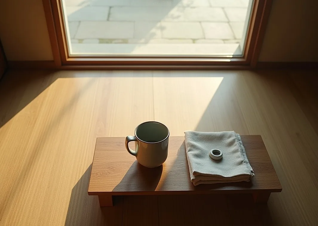 Overhead view of quiet Japanese tatami room with weighted ceramic mug on a low wooden table