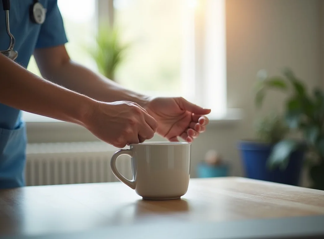 Person reaching toward a weighted ceramic mug in a bright well-lit room
