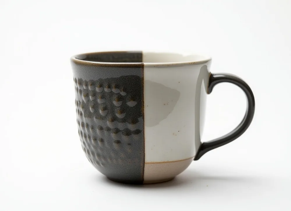 Cross-section studio photo of textured weighted ceramic mug showing embossed surface detail