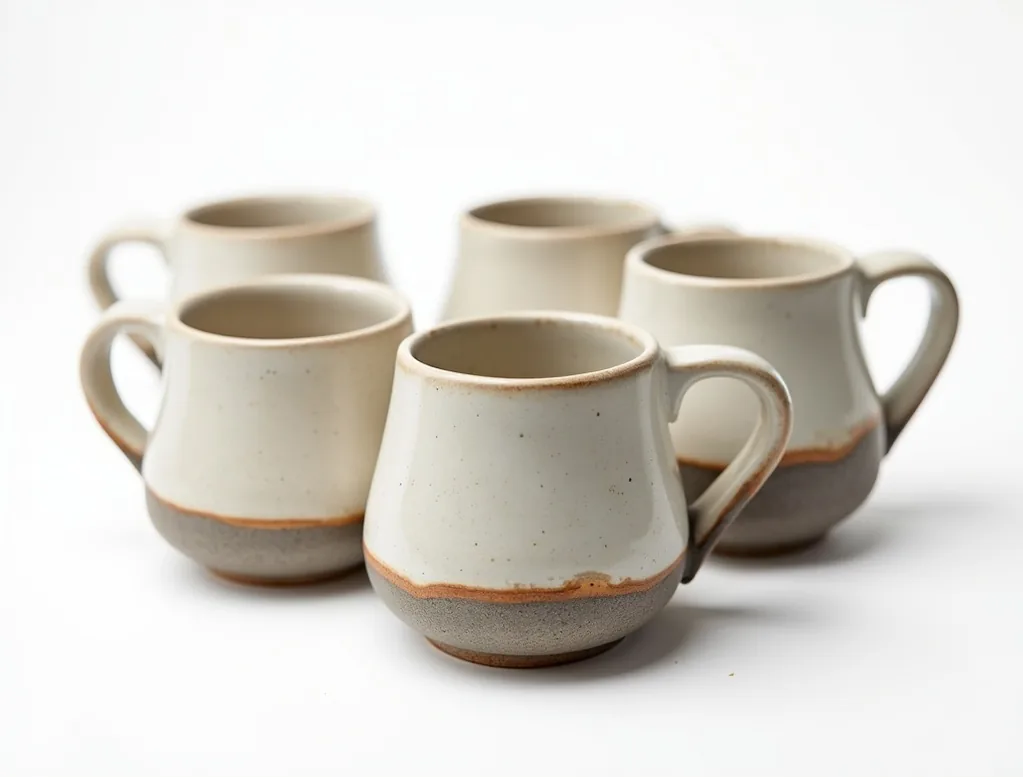 Family shot product photo featuring artisan weighted ceramic mugs arranged together