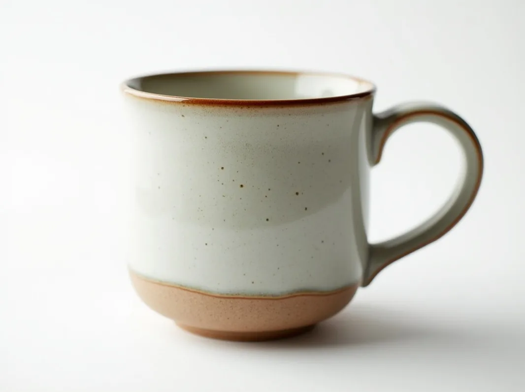 Double-handled weighted ceramic mug extreme close-up focusing on left handle