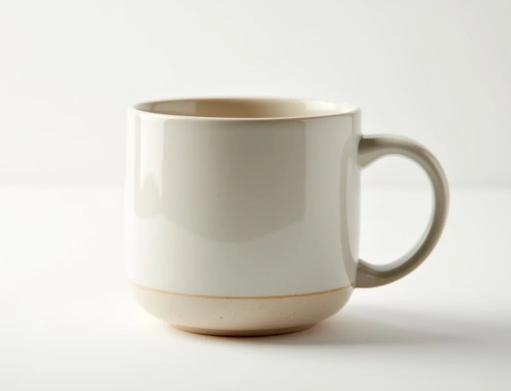 Three-quarter angle studio shot of large oval-handle weighted ceramic mug 450ml capacity
