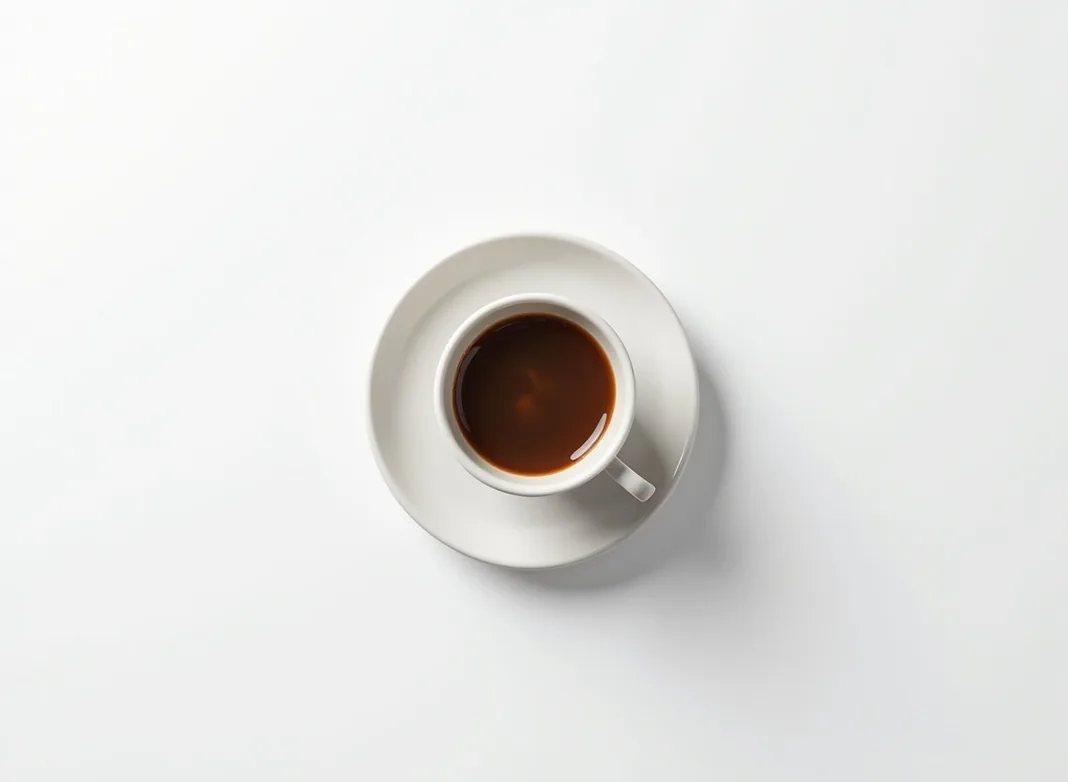 Top-down flat lay of small weighted espresso ceramic cup with silicone base ring